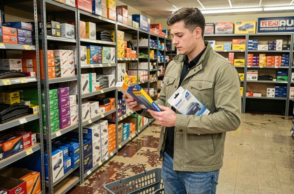 Jeune homme choisissant des pièces d'entretien voiture dans un magasin automobile avant l'été