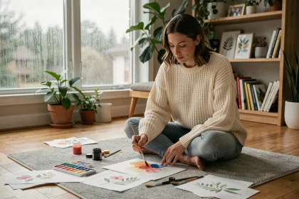 Femme peignant à l'aquarelle assise sur le plancher d'un salon cosy un dimanche pluvieux