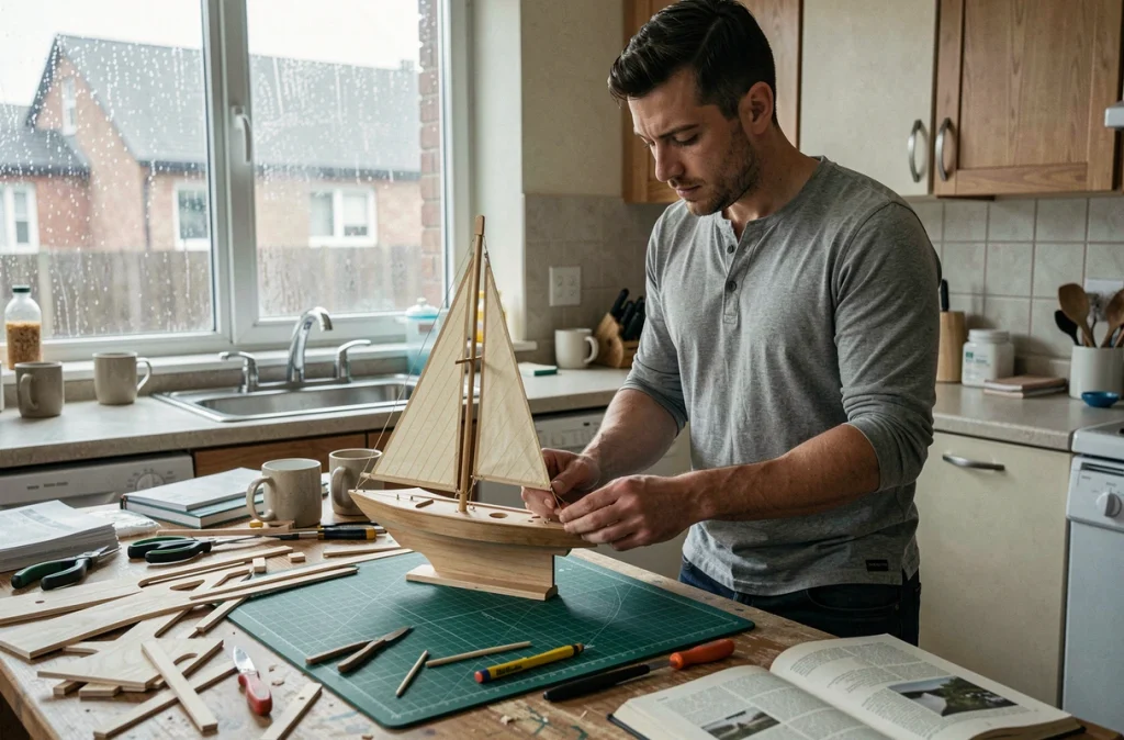 Homme construisant une maquette en bois dans sa cuisine par temps de pluie un dimanche