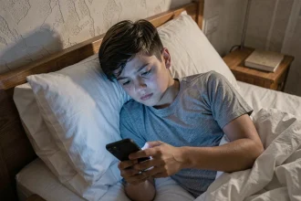 Adolescent couché dans son lit la nuit en train de regarder son smartphone, illustrant les effets des écrans sur le sommeil des jeunes