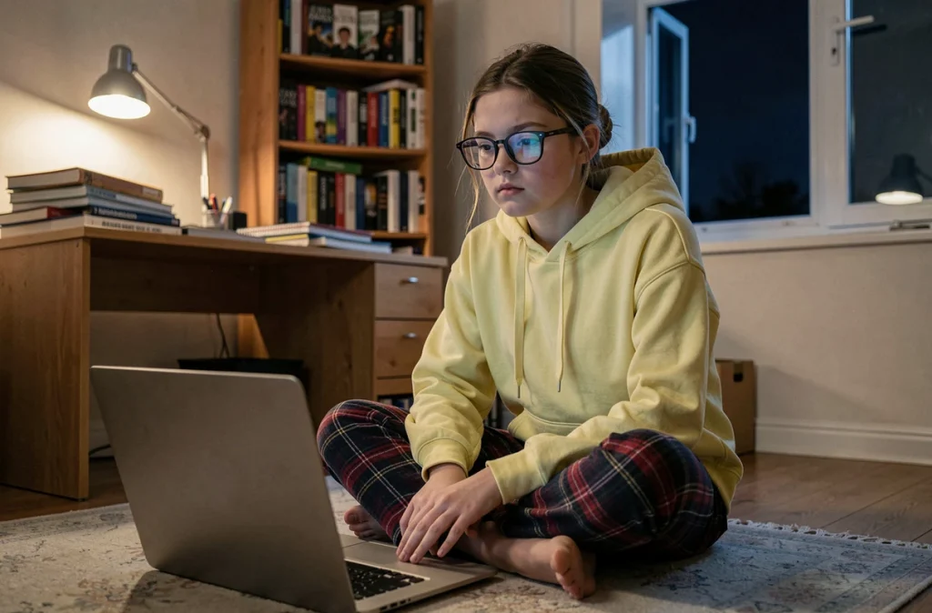 Jeune adolescente aux yeux fatigués assise sur le sol de sa chambre devant un ordinateur portable tard le soir, illustrant la perturbation du sommeil par les écrans