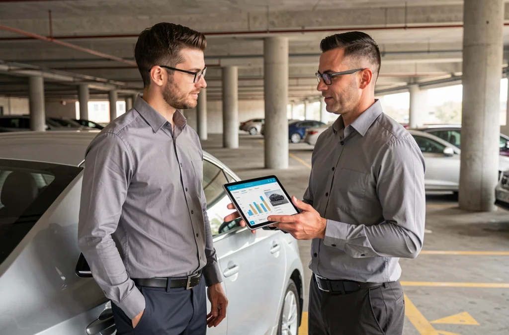 Agent d'assurance avec tablette numérique devant une voiture connectée dans un parking urbain