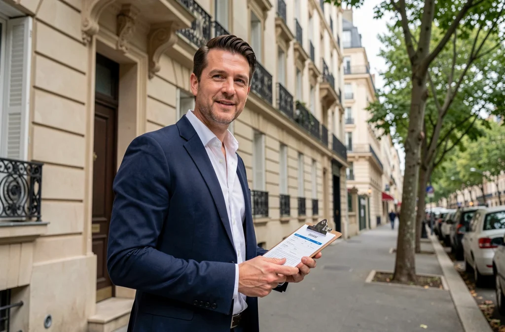 Agent immobilier devant un immeuble locatif haussmannien symbolisant l'investissement patrimonial