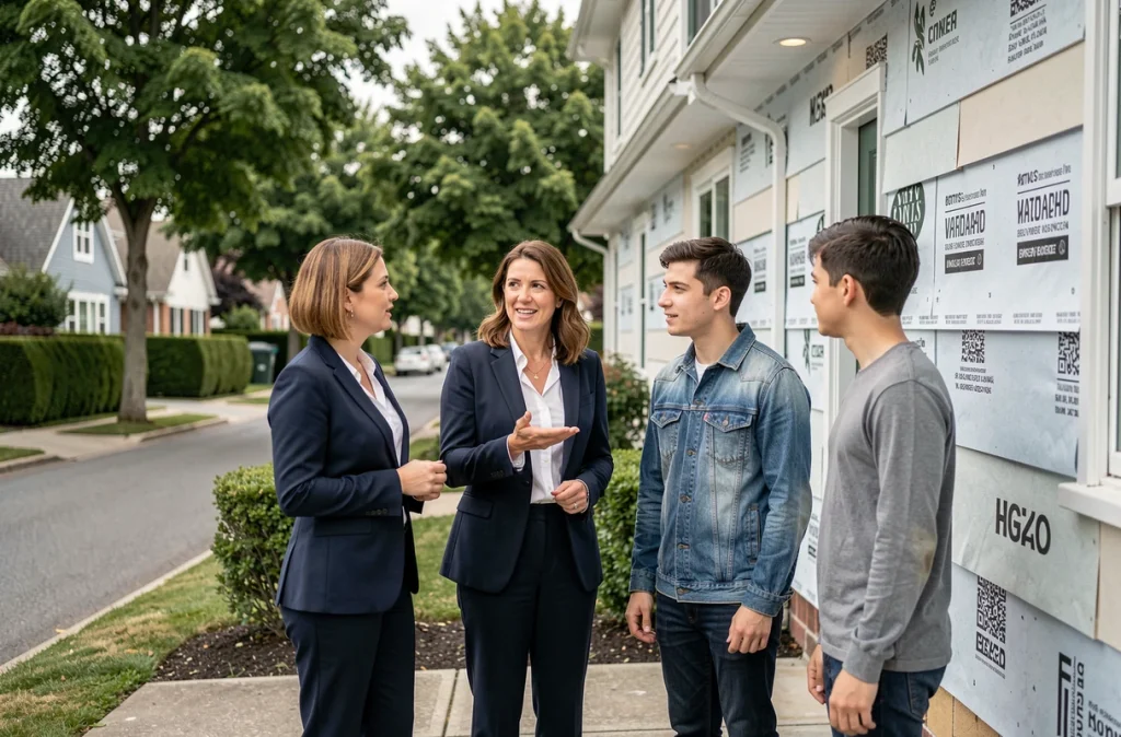 Agent immobilière présentant l'isolation extérieure d'une maison à des acheteurs potentiels, soulignant la plus-value liée à la performance énergétique