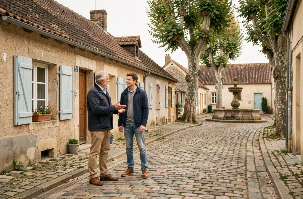 Agent immobilier présentant un cottage rénové à un acheteur potentiel dans une rue pavée d'un village rural français