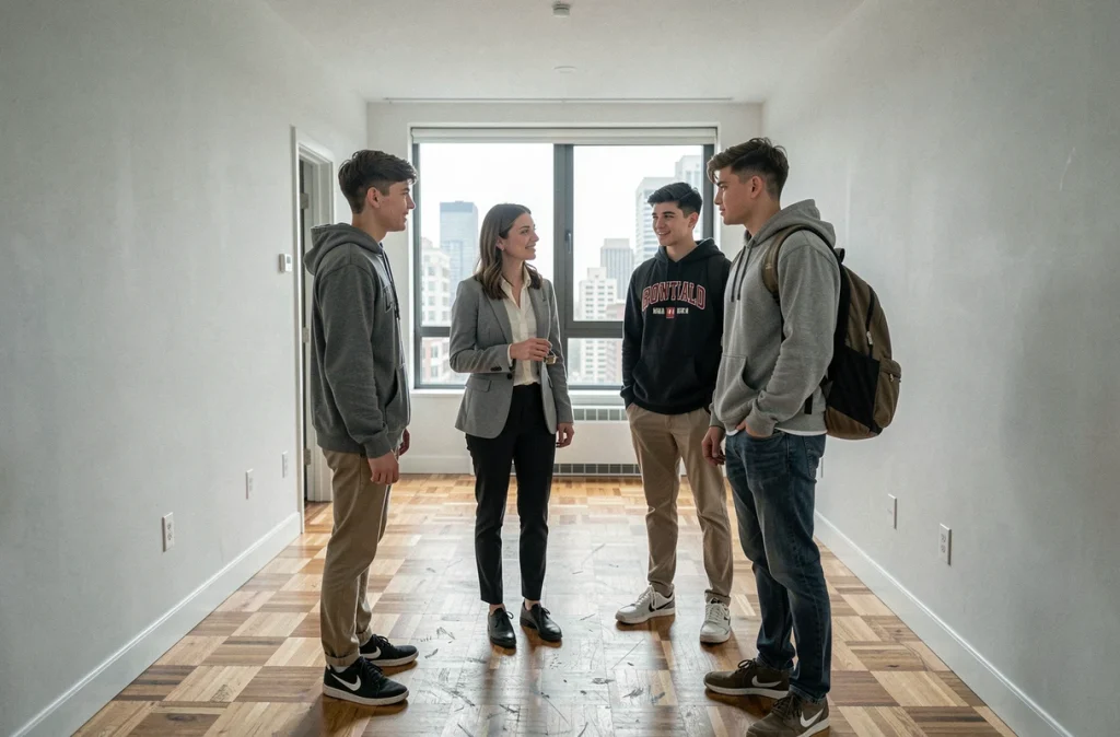 Agent immobilier faisant visiter un appartement en colocation à des étudiants