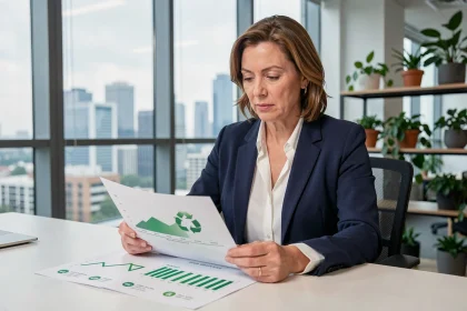 Femme analyste financière examinant des documents sur les obligations vertes dans un bureau moderne avec vue sur la ville