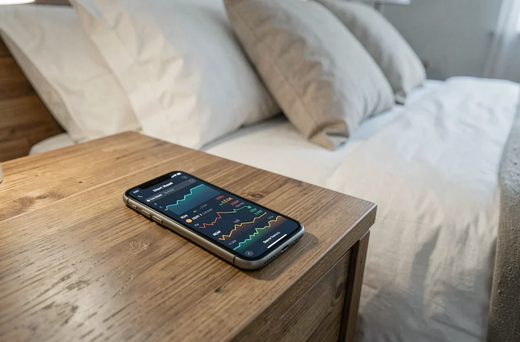 Application de suivi du sommeil affichant des cycles de sommeil sur smartphone posé sur une table de chevet