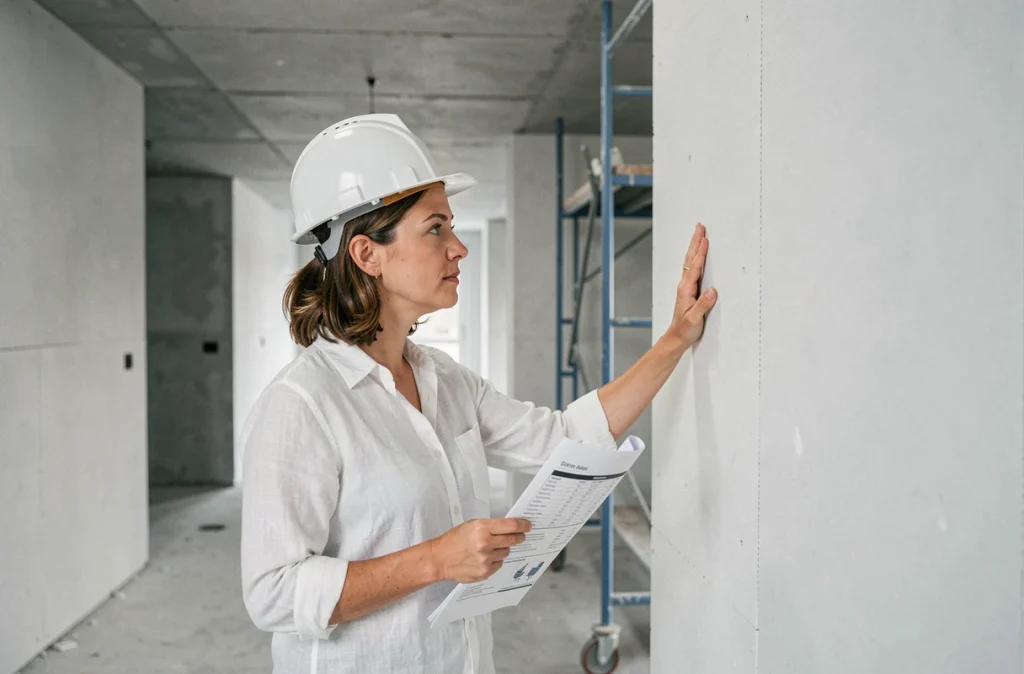Architecte féminine vérifiant la qualité d'un système d'isolation thermique par l'extérieur dans un bâtiment en chantier