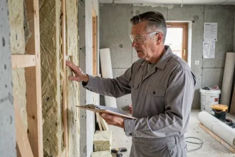 Artisan inspectant des panneaux d'isolation thermique dans une maison en rénovation, illustrant l'impact de l'isolation sur la valeur immobilière
