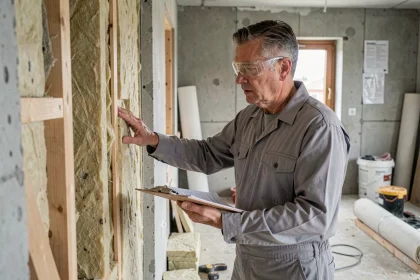 Artisan inspectant des panneaux d'isolation thermique dans une maison en rénovation, illustrant l'impact de l'isolation sur la valeur immobilière