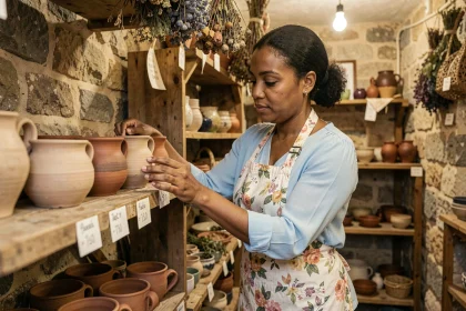 Artisane arrangeant des poteries dans sa petite boutique locale soutenue par le microcrédit