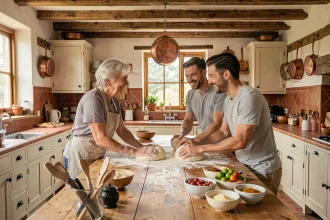 Grand-mère et jeunes adultes préparant de la pâte ensemble dans une cuisine rustique chaleureuse lors d'un atelier cuisine en famille