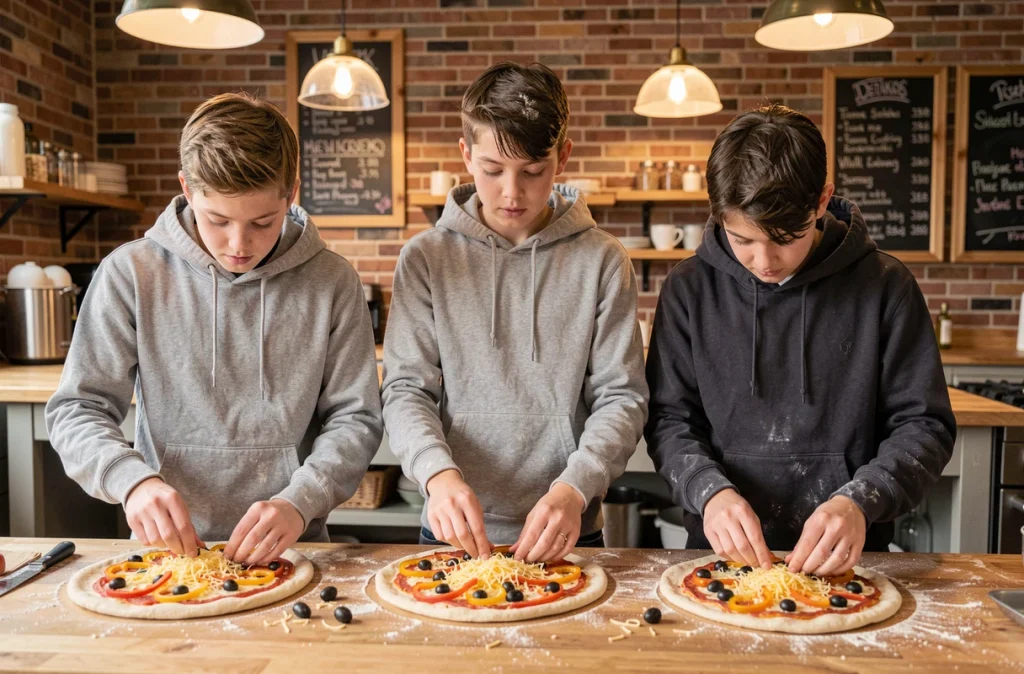 Trois frères et sœurs assemblant chacun leur pizza sur une grande table en bois lors d'un atelier cuisine ludique en famille