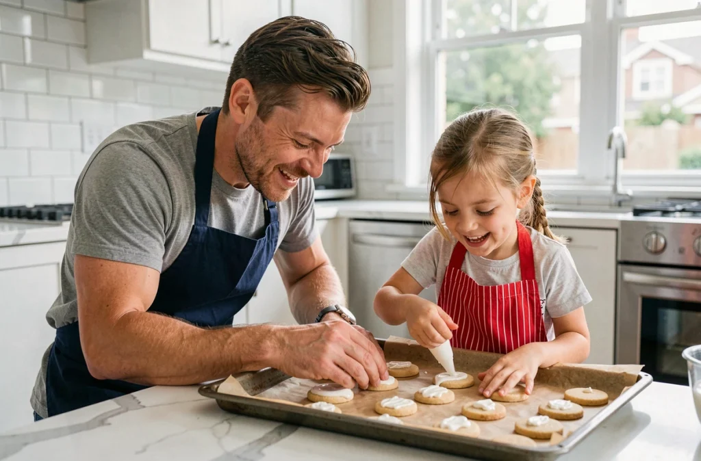 Père et fillette décorant des biscuits ensemble sur un plan de travail en marbre lors d'un atelier pâtisserie familial