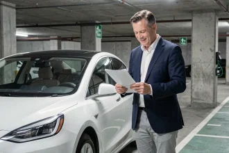 Homme d'affaires examinant un document fiscal à côté d'une voiture électrique blanche dans un parking urbain