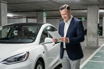 Homme d'affaires examinant un document fiscal à côté d'une voiture électrique blanche dans un parking urbain