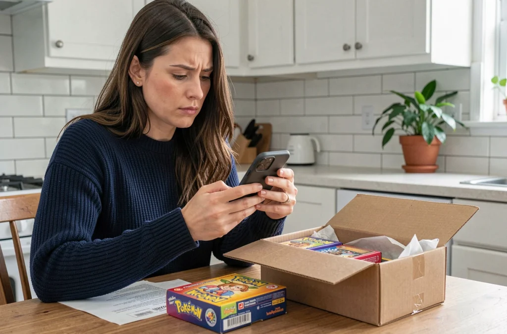 Femme consultant des avis clients sur son téléphone après avoir reçu une commande de cartes Pokémon livrée à domicile