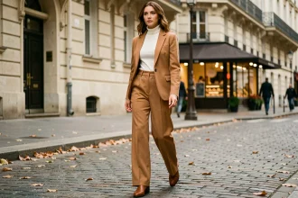 Femme portant un blazer court camel sur un trottoir parisien en automne, silhouette urbaine dynamique et élégante