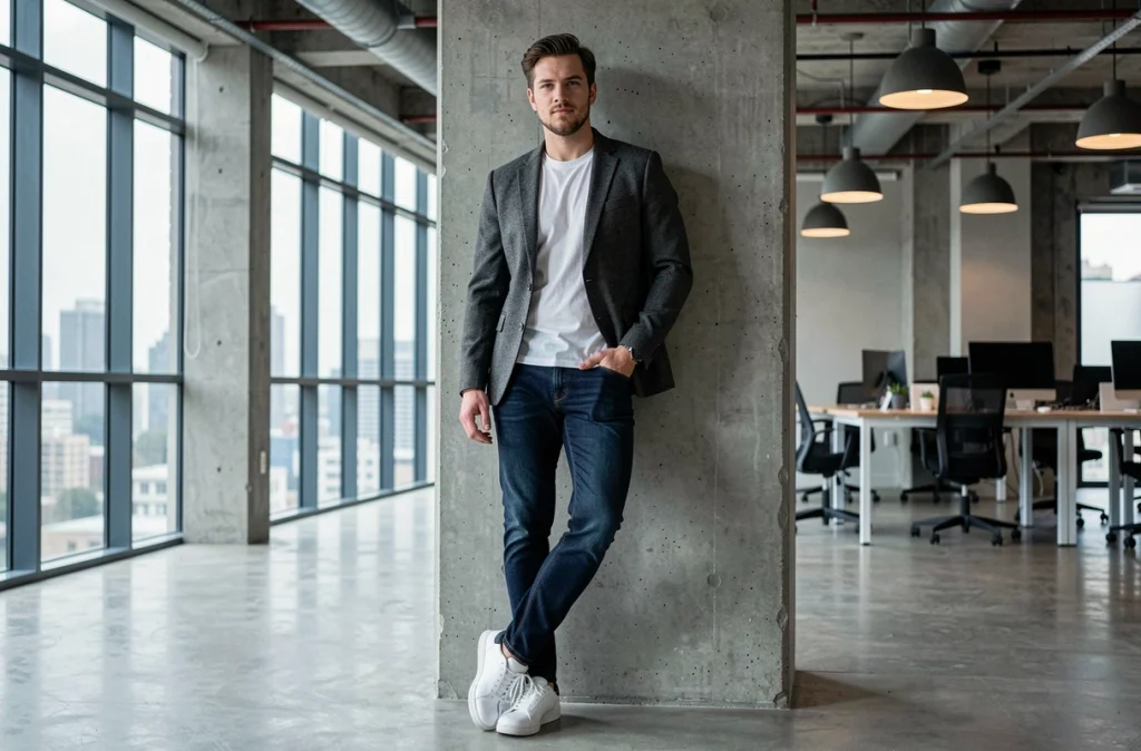Homme en blazer court gris à chevrons dans un espace de coworking moderne, style urbain masculin contemporain