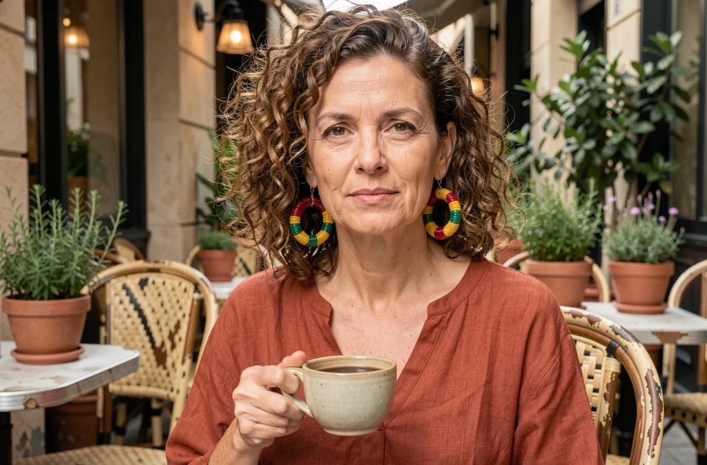 Femme aux cheveux bouclés portant des boucles d'oreilles créoles en perles colorées rouge moutarde et vert sur une terrasse de café urbaine
