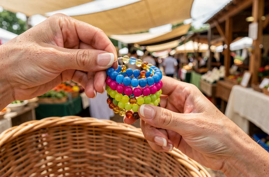 Gros plan sur des bracelets en perles colorées cobalt fuchsia et ambre tenus dans des mains de femme devant un marché estival