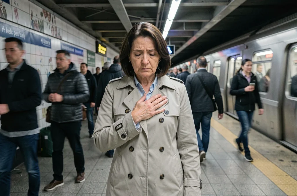 Femme fatiguée dans le métro tenant sa poitrine, illustrant l'impact du bruit sur la santé cardiaque