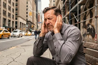 Homme stressé se bouchant les oreilles face au bruit de la circulation urbaine
