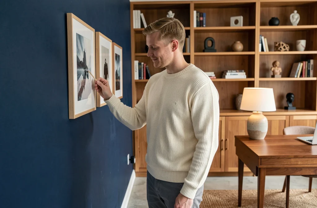 Homme décorant un bureau aux murs bleu marine avec des tableaux et objets tendance