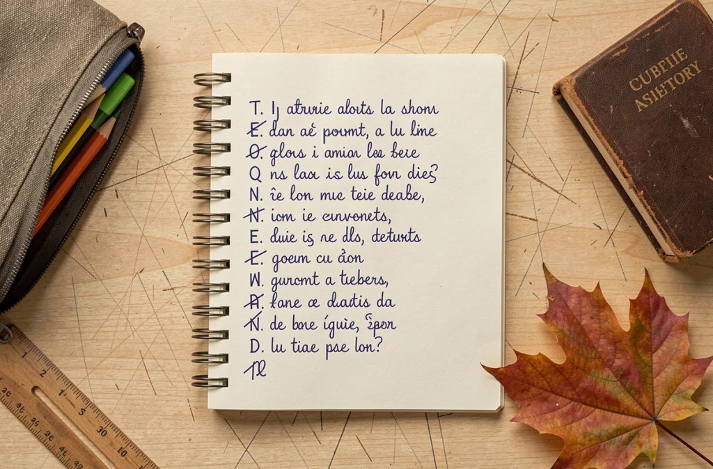 Vue de dessus d'un cahier ouvert avec un poème acrostiche manuscrit entouré de fournitures scolaires pour la rentrée