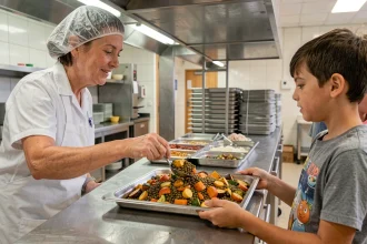 Agent de cantine scolaire servant un repas végétarien coloré à base de légumes rôtis et lentilles à un élève dans une cantine française