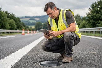 Ingénieur routier inspectant un capteur intelligent intégré à l'asphalte sur une autoroute française pour améliorer la sécurité routière