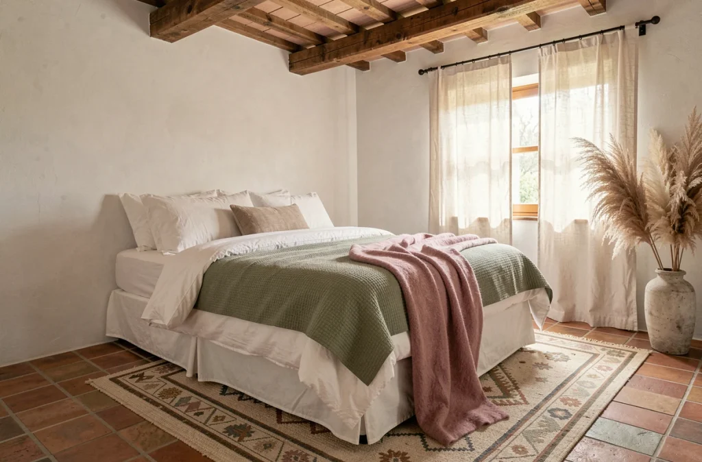 Chambre décorée de textiles naturels superposés, avec couette en coton bio, jeté en mohair et tapis en laine à motifs géométriques
