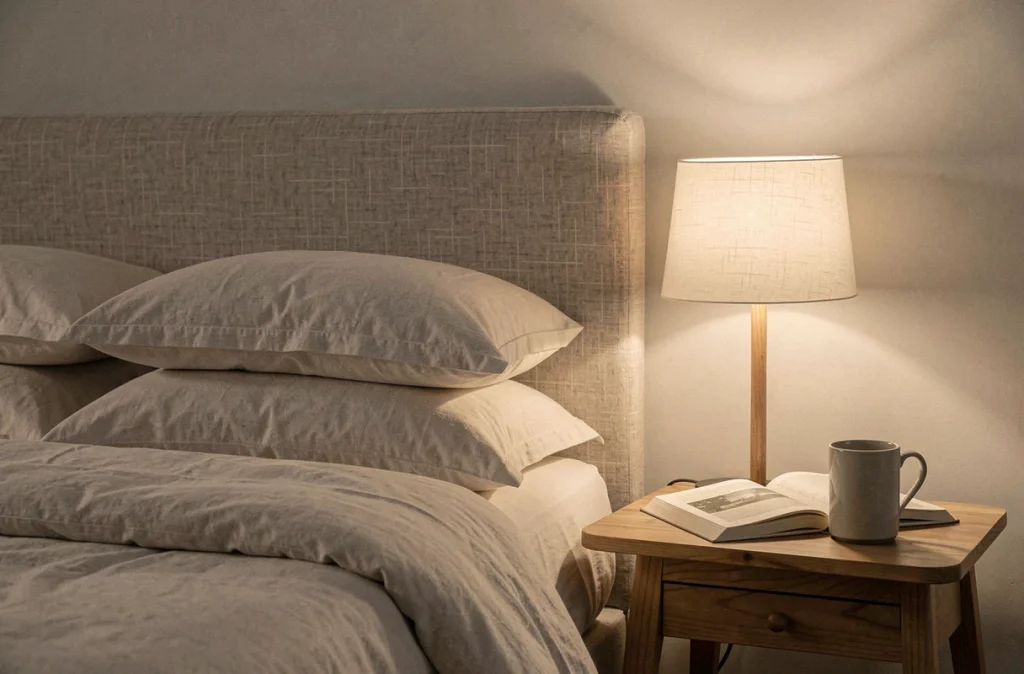 Coin chambre cosy avec lampe de chevet en lin, literie et table de nuit en bois au crépuscule
