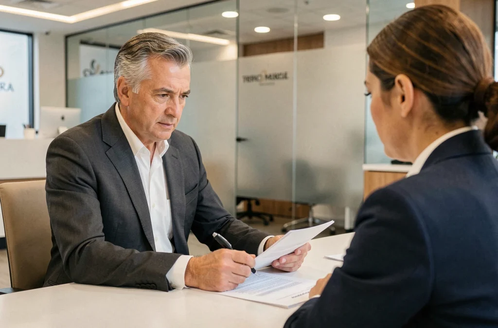 Un homme d'affaires examine ses frais bancaires avec un conseiller dans une agence bancaire moderne