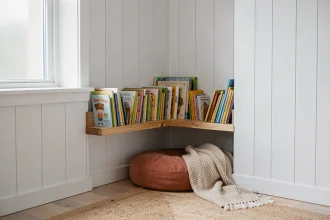 Coin lecture autonome pour enfant aménagé dans une alcôve en bois avec étagères basses et livres accessibles