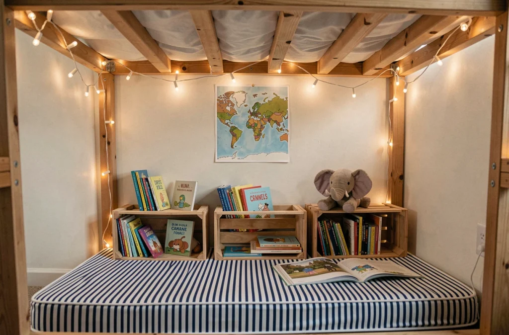Coin lecture sous un lit mezzanine aménagé en cabane lecture avec caisses en bois et livres accessibles