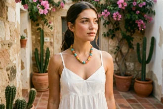 Femme portant un collier en perles colorées turquoise et corail sur une robe en lin blanc dans une cour méditerranéenne ensoleillée