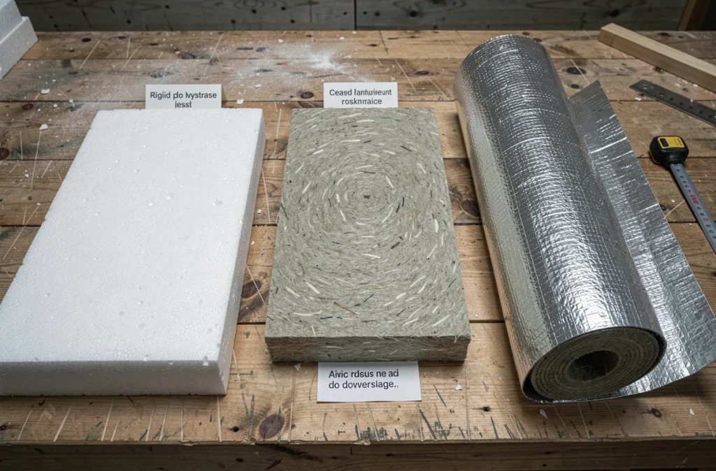 Comparaison de trois matériaux d'isolation thermique : polystyrène, laine de roche et isolant réfléchissant posés sur un établi