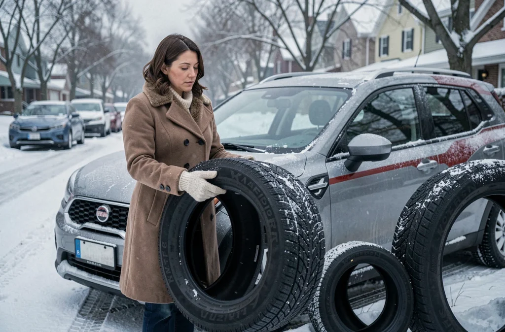 Femme comparant des pneus été et hiver à côté d'un SUV sur une route enneigée en hiver