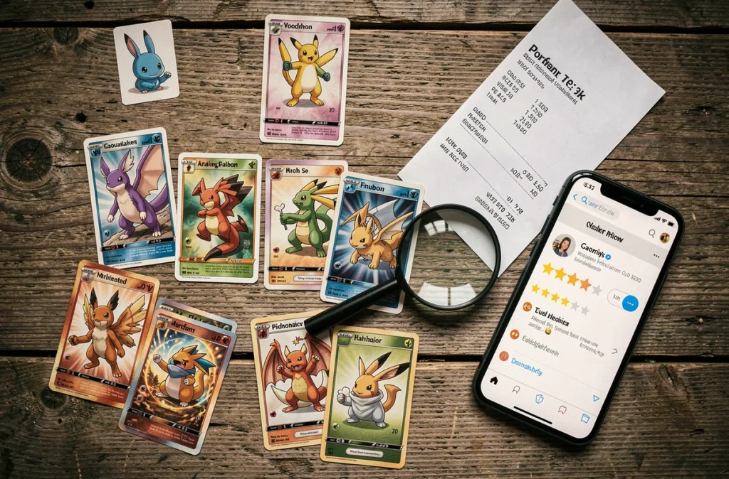 Vue aérienne de cartes Pokémon, d'un reçu de commande et d'un smartphone affichant des avis en ligne sur une table en bois