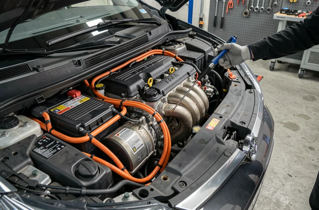 Compartiment moteur d'un véhicule hybride ouvert lors du contrôle technique montrant les composants électriques haute tension