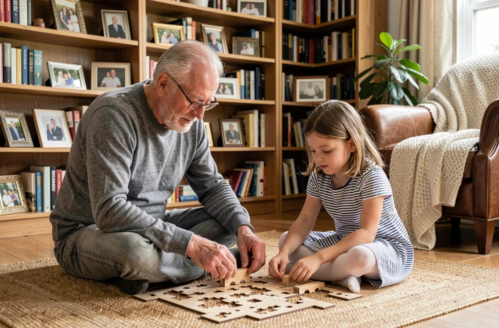 Grand-père et petite-fille assemblant un puzzle en bois ensemble sur le sol du salon, moment de complicité intergénérationnelle dans un intérieur chaleureux