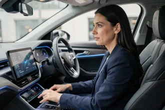 Conductrice dans une voiture connectée consultant le tableau de bord numérique avec données télématiques