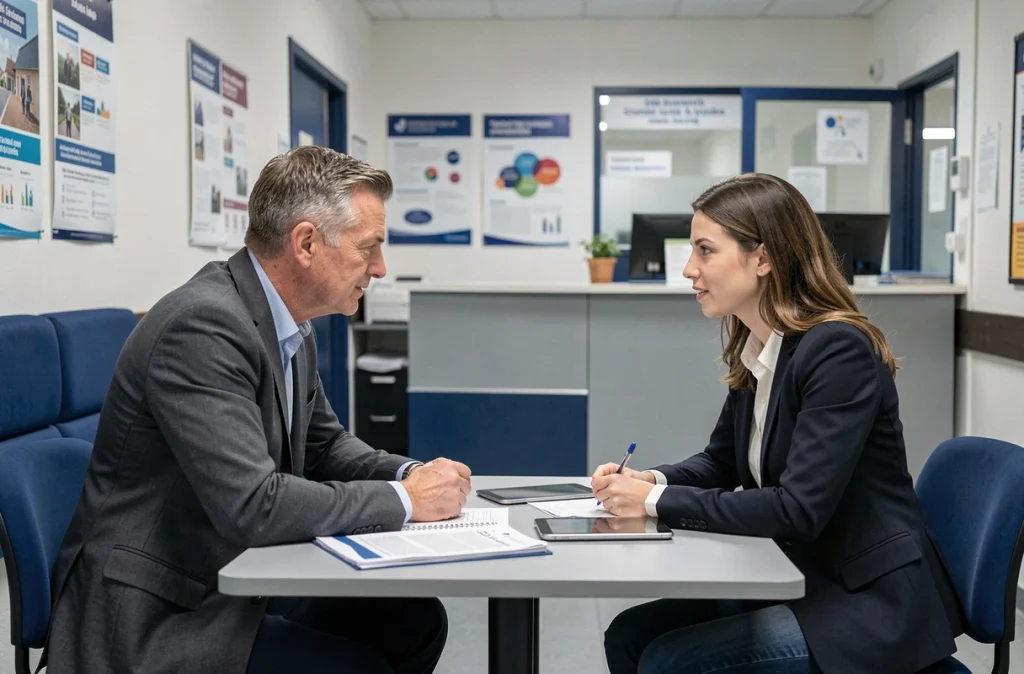 Conseiller France Travail accompagnant un demandeur d'emploi dans ses démarches de désinscription pour création d'entreprise