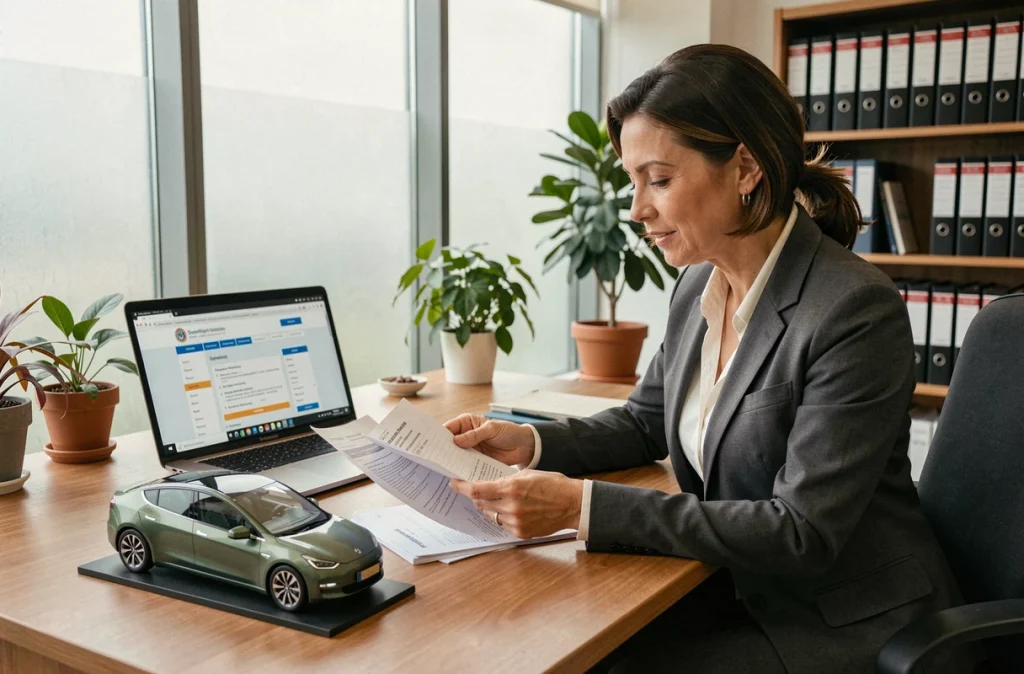 Conseillère fiscale analysant les avantages fiscaux pour l'achat d'un véhicule propre dans un bureau professionnel
