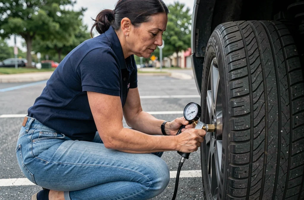 Femme vérifiant la pression des pneus de sa voiture dans un parking avant les vacances d'été