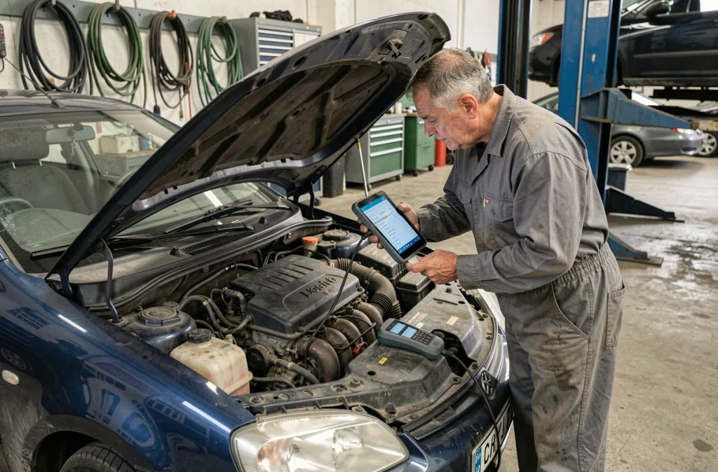 Mécanicien effectuant un contrôle technique sur une voiture d'occasion dans un garage indépendant