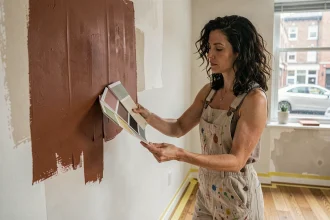 Femme choisissant une couleur tendance terracotta pour peindre le mur de son salon