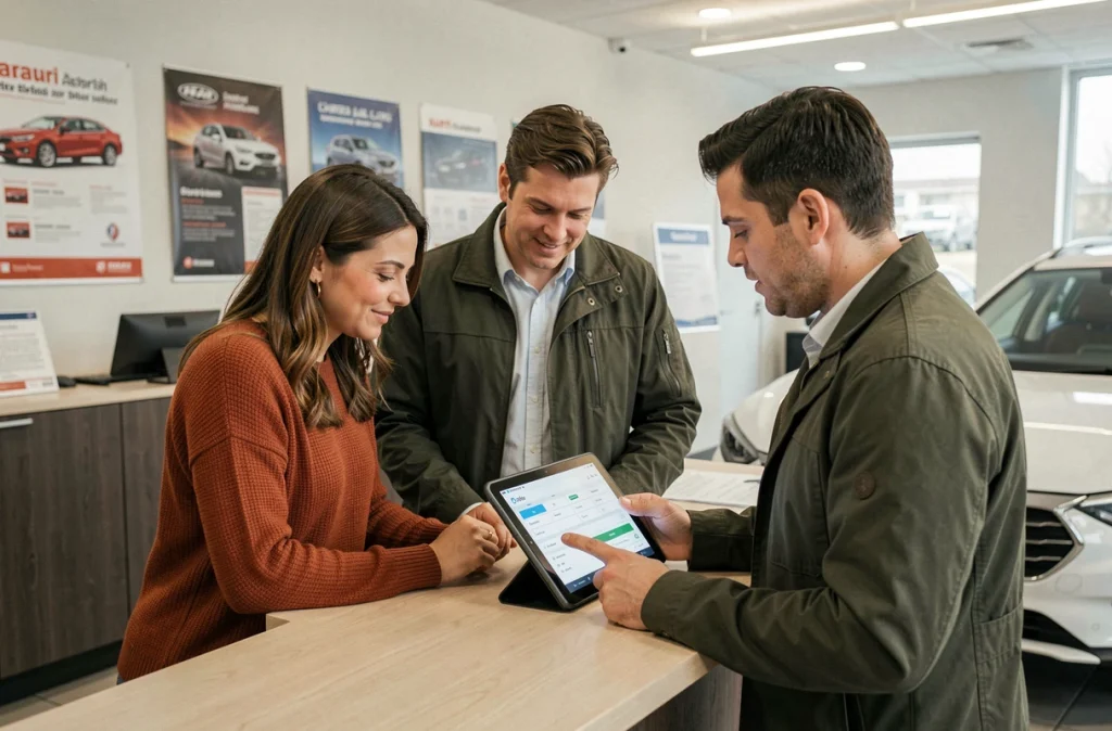 Couple en discussion avec un vendeur automobile pour choisir les options d'une voiture neuve